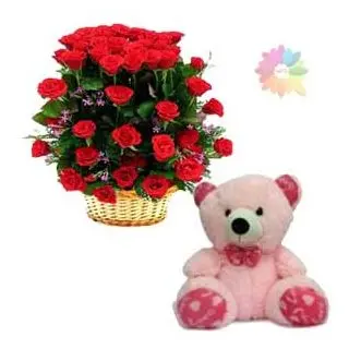 Basket arrangement of 40 red roses with 1 feet height pink colour teddybear