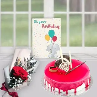 1 kg strawberry cool cake, single red rose, birthday Greeting card 