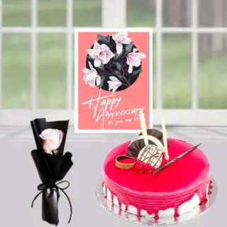 1 kg strawberry cool cake, single white rose, anniversary Greeting card 