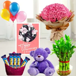 Bunch of 50 pink roses , 6 inch height teddybear, pack of 5 perk chocolates, 2 layer Lucky bamboo plant ,5 blown balloons with anniversary greeting card