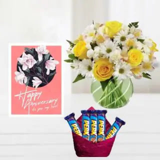 Vase arrangement of 15 min flowers,   pack of 5 perk chocolates, anniversary Greeting card