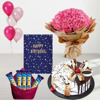 Bunch of 50 pink roses, choco vanilla cake, pack of 5 perk chocolates, birthday greeting card, with 5 blown balloons