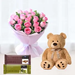 Bunch of 10 pink roses with 6 inch teddy bear & set of 2 temptations chocolate 
