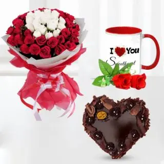 Bunch of 40 red and white roses, 1 kg chocolate heart shape cake, photo mug 