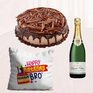 Bottle of champagne, photo cushion with half kg chocolate cheese cake 
