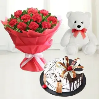 vanilla fresh cream cake with 15 red carnations with 1 feet height white teddybear