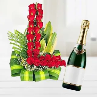 L shape red roses arrangement of 35 red roses with bottle of champegne