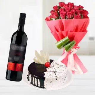 Bouquet of 12 red roses with special packing with black forest cake with bottle of red wine