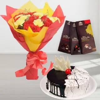 Bunch of 20 red and yellow carnations with chocovanilla cake with 3 bournville chocolates