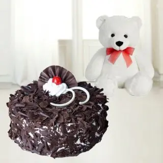 blackforest cake with 2 feet height white colour teddy bear