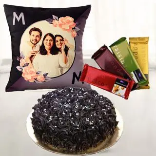 Half kg chocolate fantasy cake, photo cushion with set of 4 temptations 