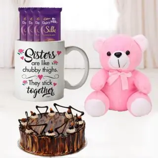 Half kg irish chocolate cake, 6 inch pink teddybear , photo mug with set of 5 dairy milk silk 