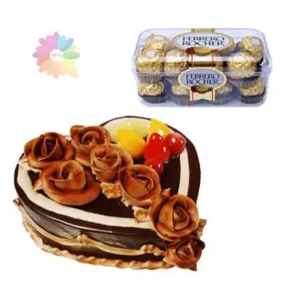 heart shape chocolate cake with exotic frutis topping with 16 pcs rocher ferrero chocolates 