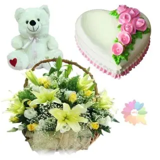 Exotic Basket arrangement of lilies and roses with heart shape cake with 1 feet height teddybear