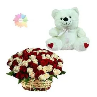 40 red and white roses basket arrangement with 1 feet height  teddy bear 
