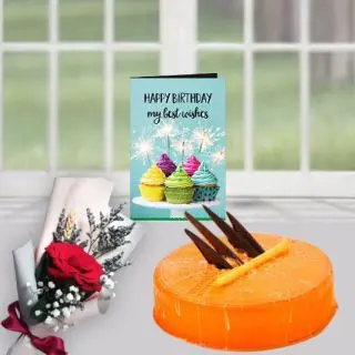 Half kg orange cool cake, single red rose, birthday greeting card 
