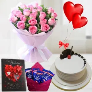 Bunch of 10 pink roses, half kg vanilla fresh cream cake, 2 heart shape balloons, pack of 5 dairy milk chocolates, with greeting card
