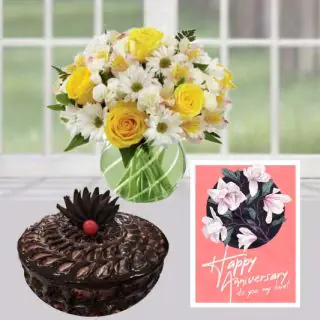 vase arrangement of roses and daisies, chocolate fudge cake, anniversary greeting card 