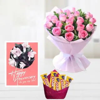 Bunch of 15 pink roses, pack of 5  Fivestar chocolates, anniversary Greeting card 