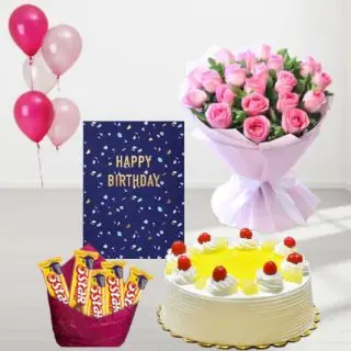 Bunch of 15 pink roses, pineapple cool cake, pack of 5 Fivestar chocolates, birthday greeting card, with 5 blown balloons