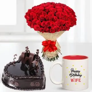 Bunch of 50 red roses, Half kg heart shape chocolate truffle cake, with photo mug 