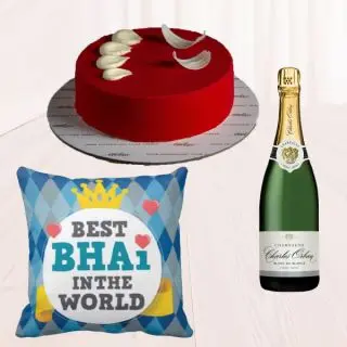 Bottle of chamagne , photo cushion with  half kg red velvet cake 