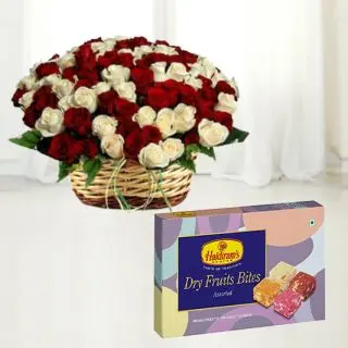 Bunch of 50 red and white roses with 1 kg assorted mewa sweets