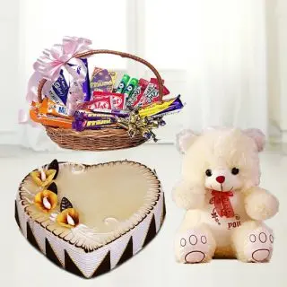  heart shape butterscotch premium quality fresh cream cake with basket of assorted chocolates with 1 feet height teddybear 