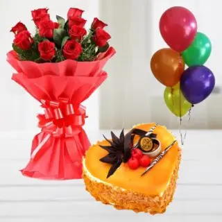 Bunch of 20 red roses with heart shape butterscotch heart shape cake with 5 blown balloons