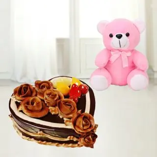 2 feet height pink colour teddy bear with heart shape chocolate cake with fruit topping 