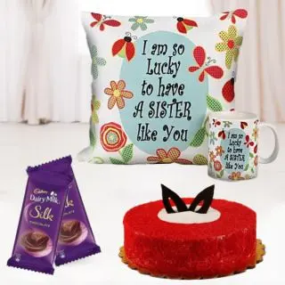 set of photo cushion and photo mug, half kg red velvet cake, with 2 dairy milk silk chocolates 