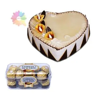  heart shape butter scotch heart shape cake with 16 pcs rocher ferrero chocolates 