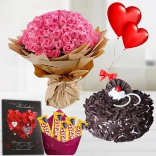 Beautiful Bunch of 40 pink roses , 1 pound black forest cake,pack of Five 5star chocolates, 2 heart shape balloons with Greeting card 