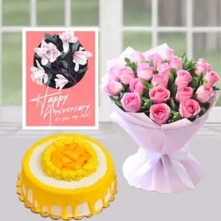 Bunch of 15 pink roses, mango cool cake, anniversary greeting card