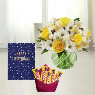 Vase arrangement of 5 yellow lilies, pack of 5  kitkat chocolates, birthday Greeting card
