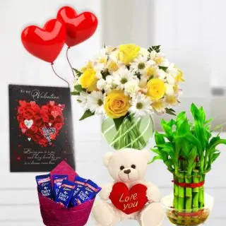 Vase arrangement of roses and daisies, pack of 5 fivestar, 6 inch  height teddybear, 2 layer Lucky bamboo plant, 5 blown balloons with greeting card 