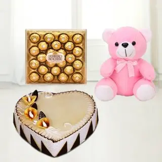 heart shape Butterscotch cake with 1 feet height pink teddy bear with 24 pcs rocher ferrero chocolates