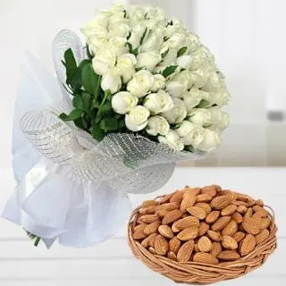 Bunch of 20 white roses with  basket of half kg almonds