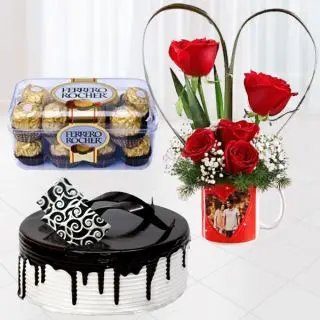 5 red roses arranged in photo mug, 16 pcs rocher ferrero chocolates, half kg choco vanilla cake