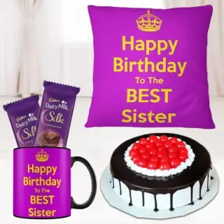 Half kg premium quality black forest cool cake, photo mug, set of 2 dairy milk silk with photo cushion 