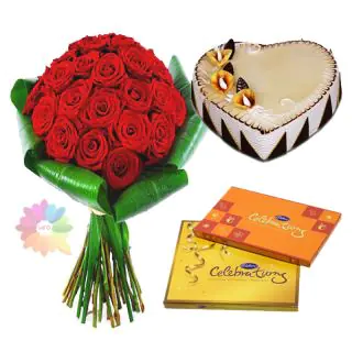 heart shape butterscotch premium quality cake with 20 red roses bunch with box of 2 celebration chocolates