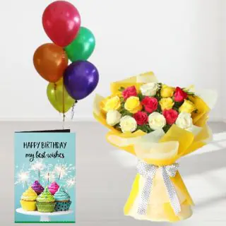 Bunch of 10 mix colour roses, 5 bunch of mix color balloons with birthday card