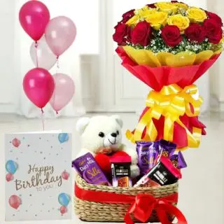 Bunch of 15 red and yellow roses,  6 inch teddybear sitting in chocolate basket with 4 silk , 2 fabelle chocolates, birthday Greeting card with 5 blown balloons 