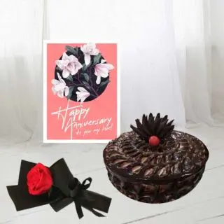 1 kg  chocolate fudge cake, single red rose, anniversary card 
