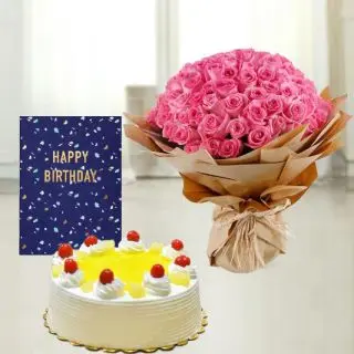Bunch of 50 pink roses, pineapple cool cake, birthday greeting card 