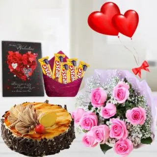 Bunch of 10 pink roses, half kg irish coffee cake, pack of Five 5star chocolates, 2 heart shape balloons with greeting card 