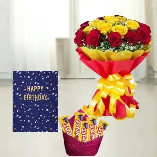 Bunch of 20 red and yellow roses,  pack of 5  Fivestar chocolates, birthday Greeting card