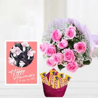 Bunch of 10 pink roses,   pack of 5 fivestar chocolates, anniversary greeting card 