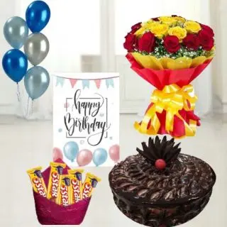 Bunch of 15 red and yellow roses,  chocolate fudge cake, pack of 5 Fivestar chocolates, birthday greeting card, with 5 blown balloons
