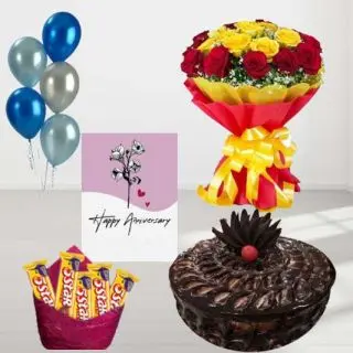 Bunch of 15 red and yellow roses, chocolate fudge cake, pack of 5 Fivestar chocolates, anniversary greeting card, with 5 blown balloons